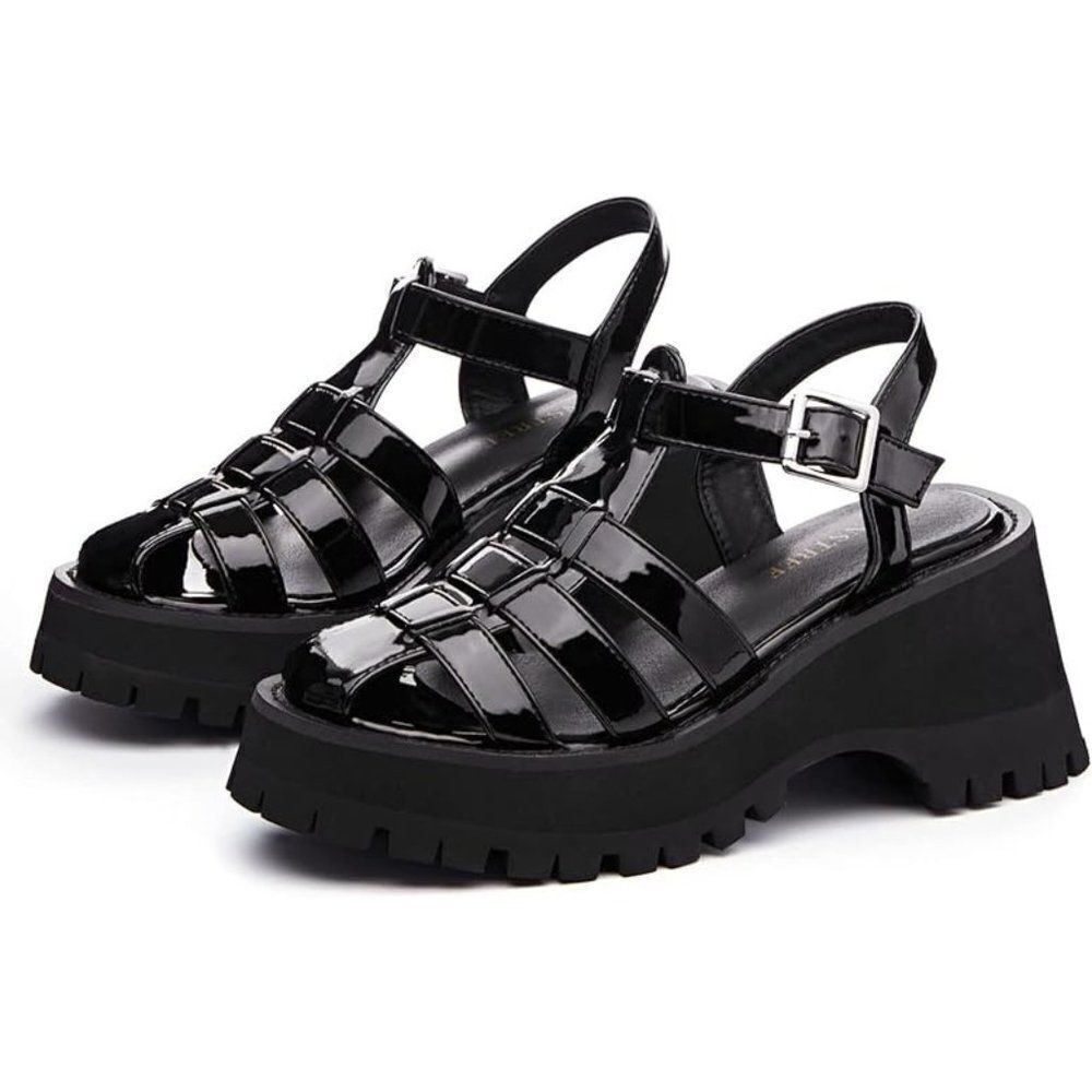 TINSTREE Women Chunky Y2K Gladiator Platform Sandals With Buckle Size 9 Black - Picture 3 of 11